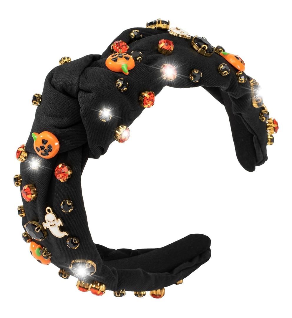 Rhinestone Knotted Jeweled Headband - Embellished Pumpkin Ghost Mixed Top Hairband for Women, Wide Hair Band Accessories, Holiday Makeup Hoop Gifts (Halloween-Black)