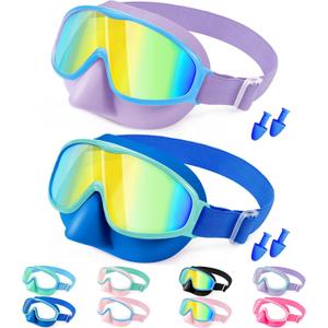 Vvinca Kids Goggles with Comfort Fabric Strap, Kids Swim Goggles Wide View Anti-Fog/UV No Leaking Swimming Goggles for 3-14 (12-blue& Purple)