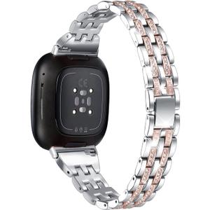 Bling Bands Compatible with Fitbit Versa 4/Sense 2/Versa 3/Sense, Women Dressy Slim Bracelet Metal Replacement Wristbands (Silver with Rose Gold)
