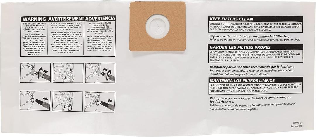 Shop-Vac 9066900 Disposable Filter Bags, Fits 3 Gallon Tanks, Ideal for Dry Pickup, Non-Hazardous Materials, Compatible With Shop-Vac 3 Gallon Models, ( 3-Pack)