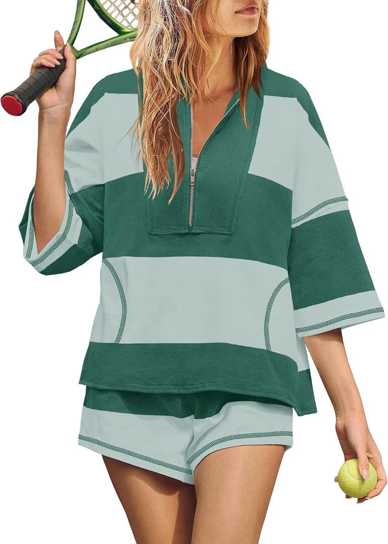 Yanekop Womens 2 Piece Outfits Summer Striped Lounge Set Two Piece Matching Workout Sets Oversized Short Sets Tracksuits, Green Small