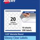Avery Glossy Clear Round Labels with Sure Feed, 1.5" Diameter, 200 Glossy Clear Labels, Print-to-The-Edge, Laser/Inkjet Printable