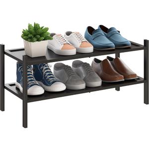 BMOSU 2-Tier Bamboo Shoe Rack Premium Stackable Shoe Shelf Storage Organizer for Hallway Closet Living Room Entryway Organizer(Black)