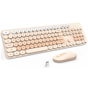 Wireless Keyboard and Mouse, Silent Keyboard Mouse Combo, FullSized Colorful Typewriter Keyboard with Round Keycaps, 2.4G Cute Mouse Compatible with PC/Laptop/Computer(Milk Tea)