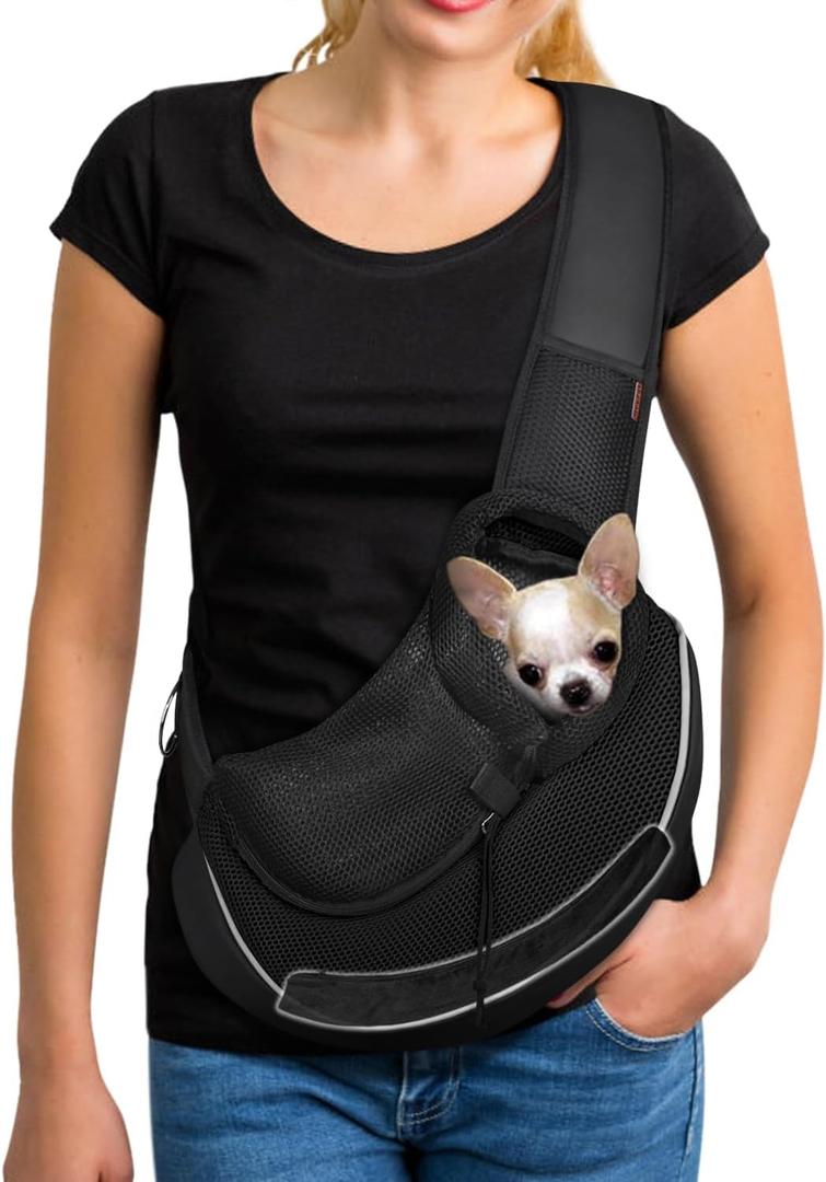 YUDODO Pet Sling Carrier for 5-9 lbs Small Dogs & Cats  Hands-Free Puppy Carrier with Safety Hook, Large Zipper Pocket, Soft Breathable Mesh, Adjustable Strap & Reflective Strip (Black 3.0 M)