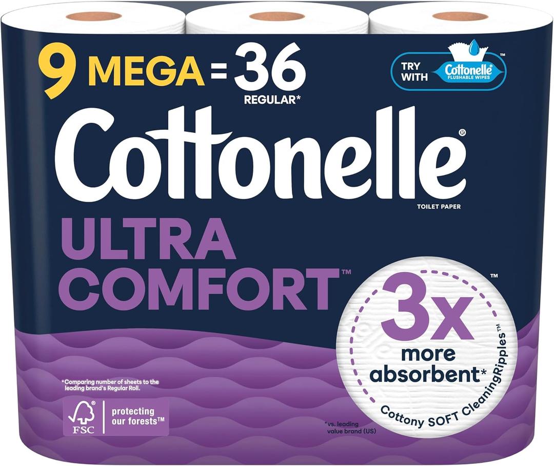 Cottonelle Ultra Comfort Toilet Paper, 9 Mega Rolls = 36 Regular Rolls
