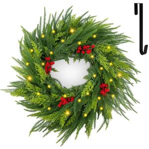 26 inch Large Norfolk Pine Wreath for Front Door with Lights, Artificial Norfolk Christmas PineWreath for Table Wall Window Indoor Outdoor Christmas Decoration
