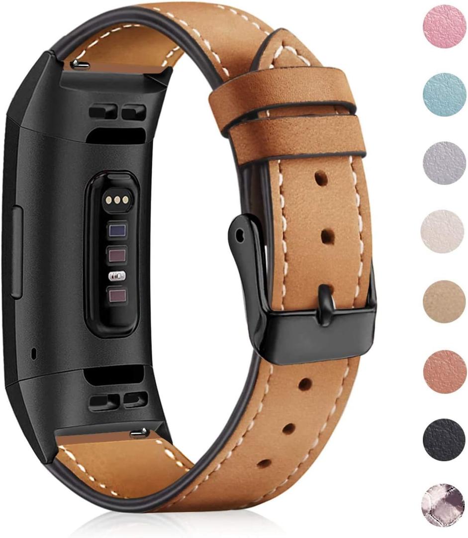 Leather Band Compatible for Fitbit Charge 3/ Charge 4, Replacement Genuine Leather Bands for Women Men (01.Graphite Connector & Frosted Brown)