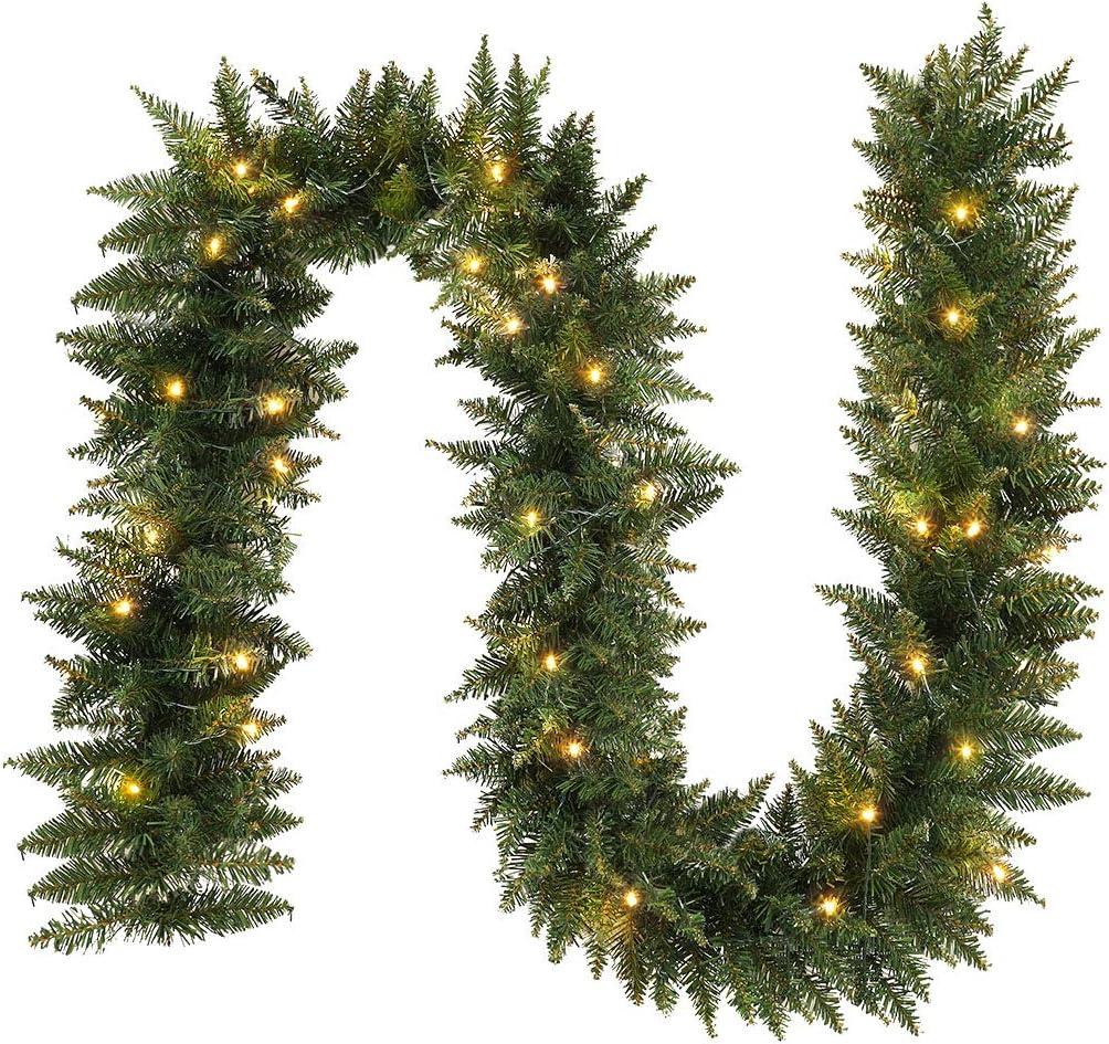 ANOTHERME 9 FT Pre-lit Christmas Garland Holiday Artificial Decor, Christmas Garland with Lights for Stairs Wall Door Indoor Outdoor Garland with Battery Operated Timer (Green)