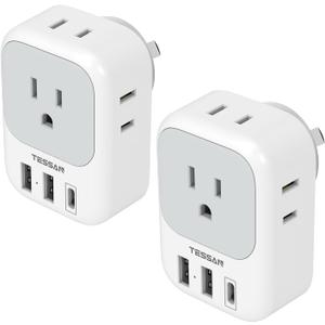 Australia Plug Adapter, TESSAN Australian Power Adaptor with 4 Outlets 3 USB Charging Ports (1 USB C), Type I Plug for US Travel to New Zealand China Argentina Fiji AU, 2 Pack