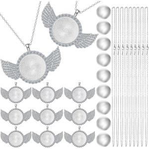 Hicarer Rhinestone Wing Bezel Pendant Trays Bezels for Jewelry Making Glass Cabochons Lobster Clasps Chains for DIY Jewelry Crafts Making Supplies(Silver)