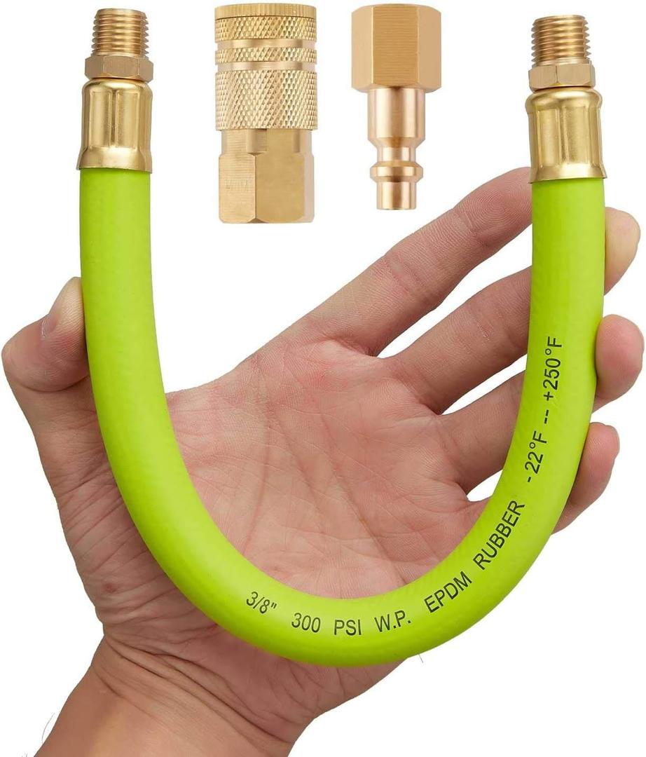 3/8" x 12 Inch Heavy Duty Short Air Compressor EPDM Rubber Hose 300 PSI: 1/4" Male NPT to 1/4" Male NPT Connections With Quick Coupler Brass Fitting