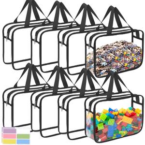 8 Packs Large Toy Storage Bags with Zipper and Labels, Clear PVC Waterproof Toy Organizers Bags for Board Games, Puzzles Pieces, Building Blocks, Handmade Accessories, Kid Books (Black)
