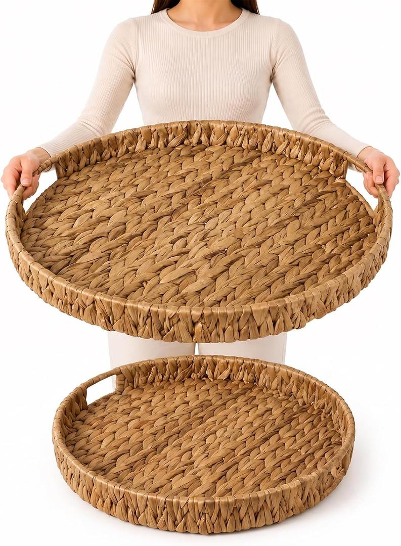 2 Pack Round Wicker Ottoman Trays with Handles, 20" & 16" Hand-Woven Serving Trays for Coffee Table, Living Room, Kitchen Counter, Breakfast, Farmhouse Home Dcor