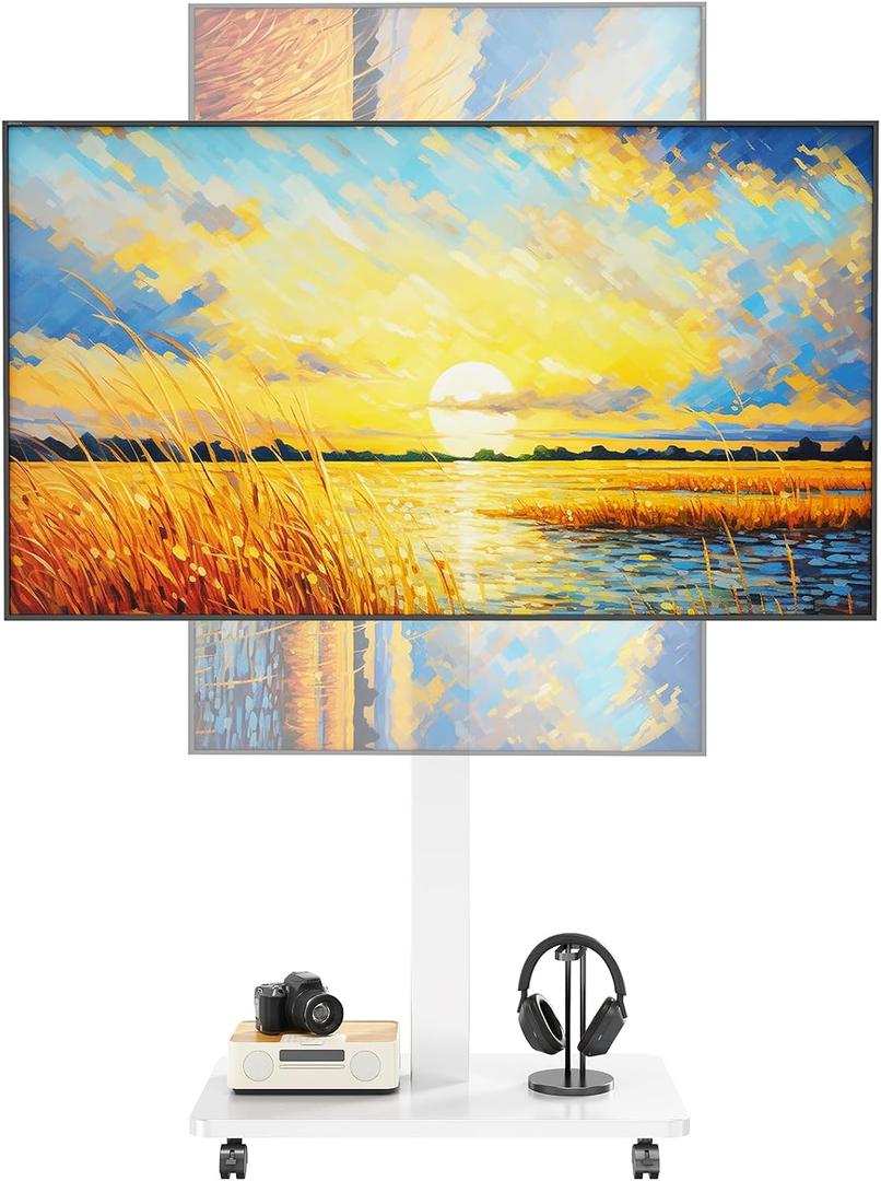 Rolling TV Stand for 10 to 46 Inch Flat Curved TV with Rotating, Portrait to Landscape, Height Adjustable Portable TV Stand with Wheels, Universal TV Cart for Bedroom, Living Room and Corner