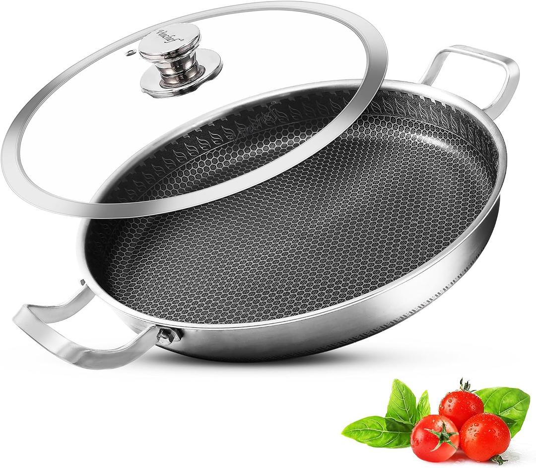Vinchef 13 Inch Paella Pan, Stainless Steel with Lid, Honeycomb Nonstick Coating, Oven Safe, Dishwasher Safe, Induction, Gas, Electric Stove Compatible