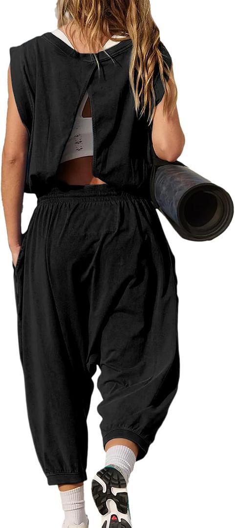 Women's Athletic One Piece Jumpsuit,Sleeveless Open Back Yoga Romper with Pockets,Jogger Tracksuit for Gym,Running (Black, XS)