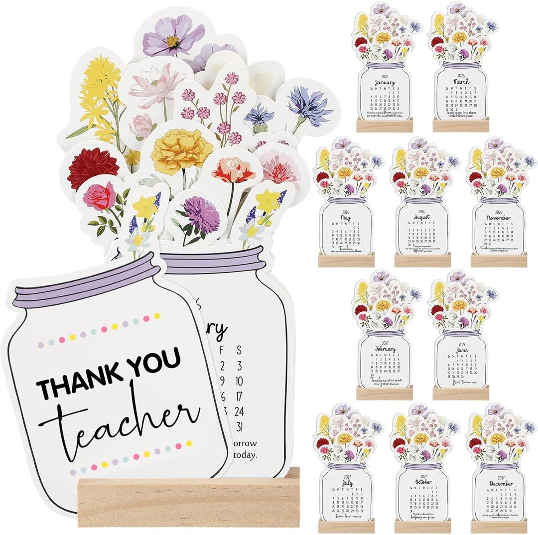 Crtiin 10 Sets Graduation Teacher Appreciation Gifts Desk Calendar 2026 2027 with Wooden Stand Mini Monthly Calendar Desktop Thank You Gift for Teacher Mentor Teaching Assistants Staff Office Supplies