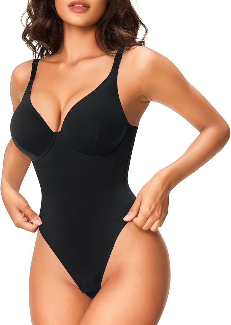 Nebility Shapewear Bodysuits for Women Tummy Control Body Shaper Deep V Neck Thong Body Suits (Black,Small)