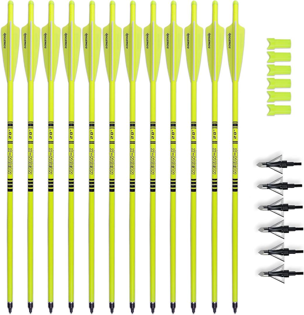 Crossbow Bolts 20inch Fluorescence Color Carbon Crossbow Hunting Arrows with 4" Vanes and Replaced Arrowhead(12 Pack)