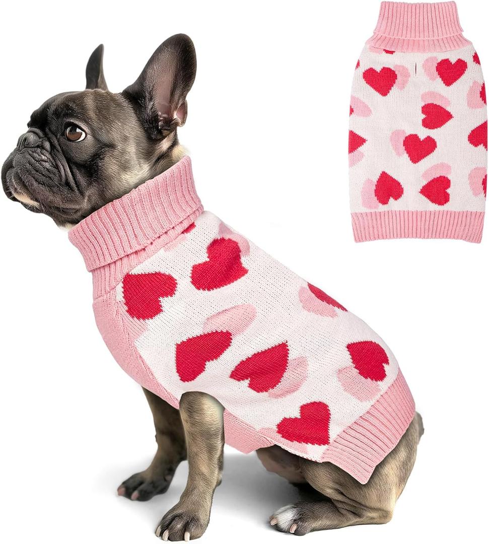 KYEESE Valentines Dog Sweater, Stretchy Pullover Dog Sweaters for Small Dogs, Comfy Dogs Coat with Leash Hole, Soft Turtleneck Small Pet Sweater, Warm Pet Clothes with Heart Print, L