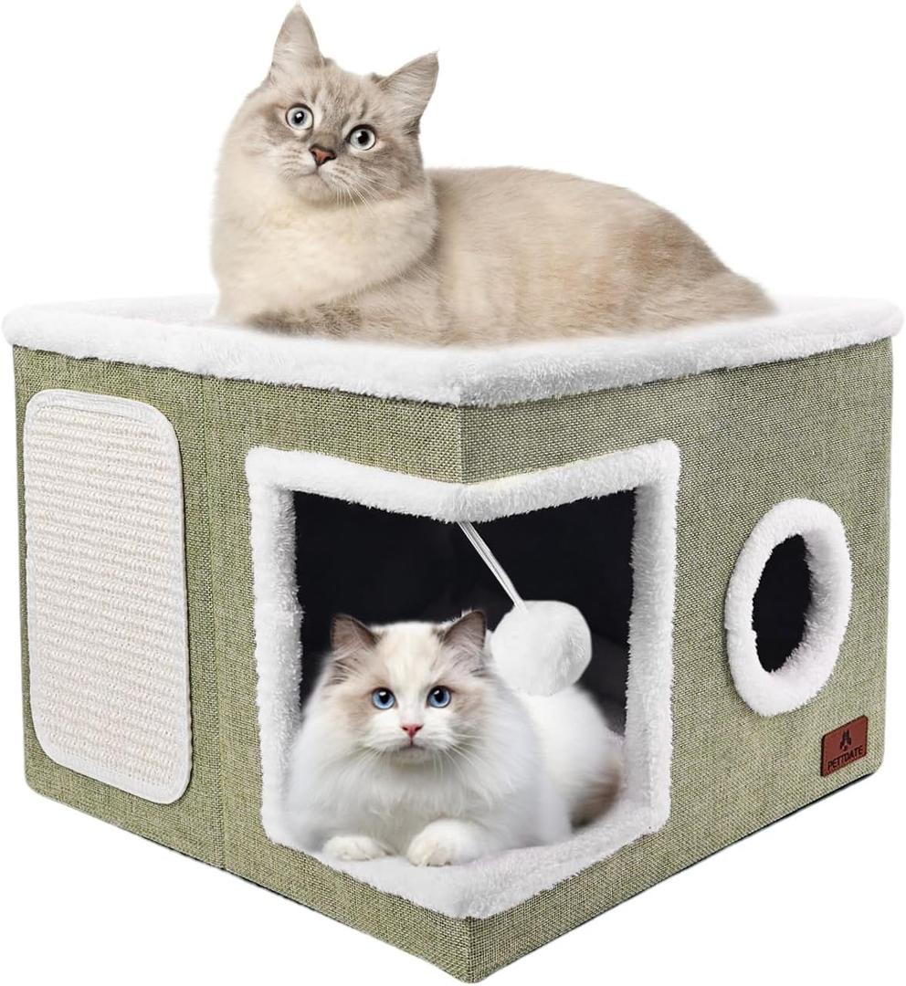 Cat Beds for Indoor Cats, Large Cat Cave Bed with Scratch Pad and Fluffy Ball, Foldable Cat Hideaway, Cat House with Reversible Cushion for Multi Small Pet Up to 30LBS, Green (Single)