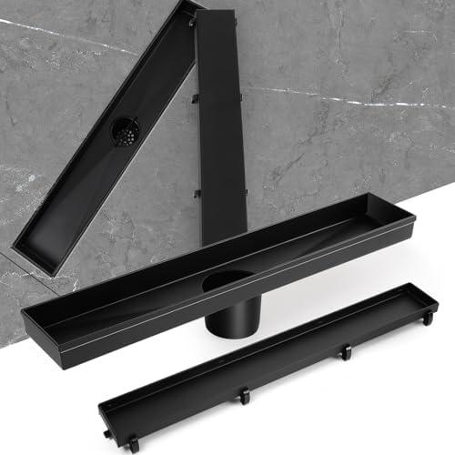 Linear Shower Drain, Shower Drain 18 inch with Removable Grate Cover,304 Stainless Steel, Shower Drain with Hair Catcher and Leveling Feet,Matte Black