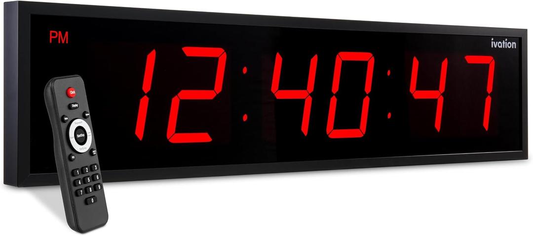 Ivation Huge Oversized 48" Large Digital LED Clock | Big Digital Clock w/Multi-Function Display Stopwatch, Timer, Alarms, Temp & Date | 6 Brightness Levels, Time Memory & Remote (Red)