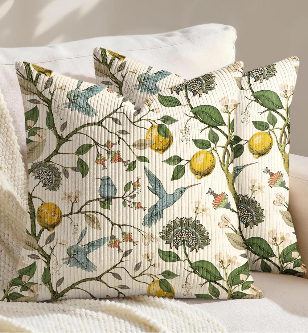 Corduroy Throw Pillow Covers 18x18 - Set of 2 Decorative Spring Pillow Covers with Zipper Farmhouse Decor Vintage Throw Pillowcases for Couch Sofa Living Room Home Bedroom, Lemon Bird