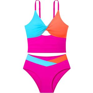 Doumlop Girls Swimsuit Color Block Girls Bathing Suit Twist Tankini Set Two Piece Girl Swimwear Bikini Set for 9-16 Years (Hot Pink)