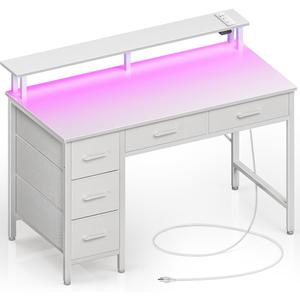 Seventable Computer Desk with Power Outlets & LED Light, 39 inch Home Office Desk with 5 Drawers, Writing Desk with Monitor Stand, Work Desk for Home Office, White
