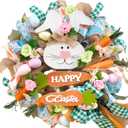 18" Easter Bunny Wreaths, Artificial Mesh Door Wreath for Front Door Hanging Decorations with Carrot Eggs Flowers for Home Farmhouse Spring Summer Easter Party Decor