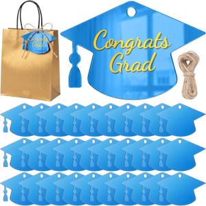 Gerrii 30 Pcs Acrylic Graduation Cap Gift Tags with Ropes Mirrored DIY Name Tags Place Cards Class of 2026 Graduation Party Decorations for Graduate Party Favor Supplies(Blue)