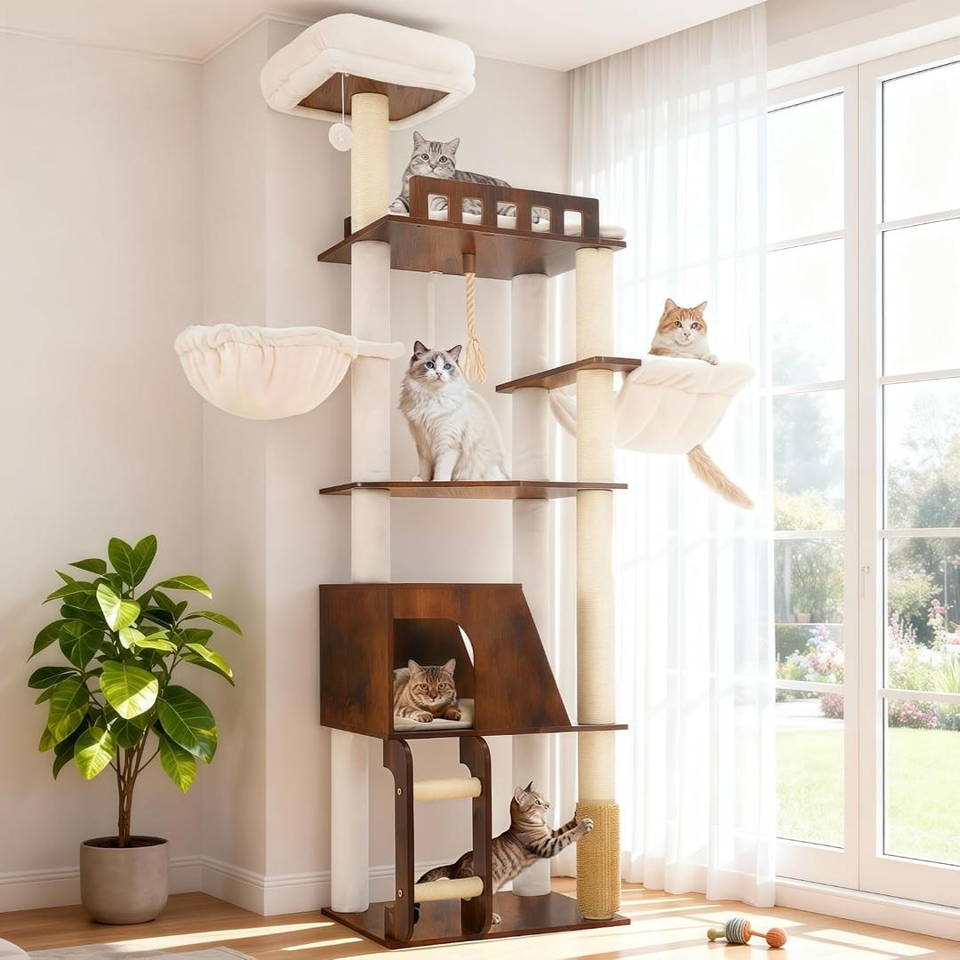 Hey-brother Wooden Cat Tree, 69.7 inch Cats Furniture Tower with Large Platforms, Hammocks, Spacious Condo, Full Sisal Scratching Posts, Ladder, Brush, Water Proof Surface, Rustic Brown MPJ121SR
