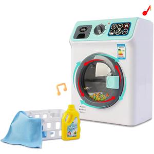 DeAO Toy Washing Machine Kids Dollhouse Furniture Toy Washer Pretend Play Household Appliance Realistic Sounds Laundry Play Set with Rotatable Roller for Boys Girls (Blue) (White)