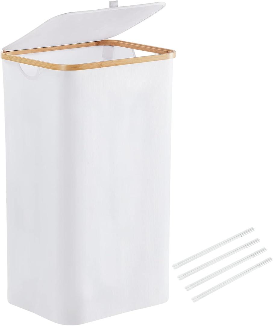 100L Large Laundry Hamper Basket with Lid by YOUDENOVA, Tall Clothes Hamper with Handle, Waterproof and Collapsible Storage Basket for Bedroom and Bathroom, White(16"L 13"W 28"H)