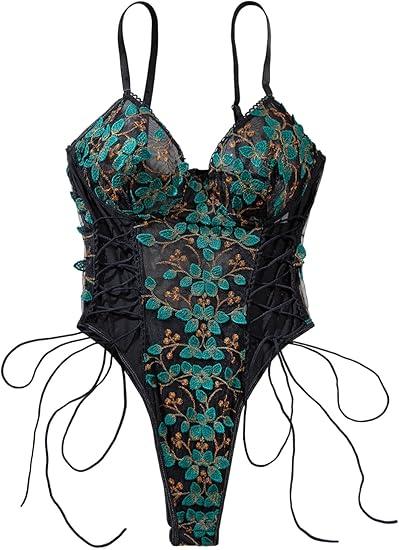 Lilosy Women Sexy Lace Up Floral Embroidered Teddy Lingerie Bodysuit Top Mesh Sheer One Piece 2XL