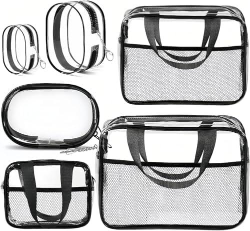XEWEA Clear Travel Toiletry Bags & Small Electronic Accessories Organizer Case, 6 PCS TSA Approved Transparent Makeup Bag for Women Men, Waterproof PVC Quart Pouch with Zipper for Airline Essentials - Black