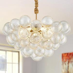 Nordic Bubble Ball Chandelier Dia 26" Modern Gold 9 Lights Swirled Clear Ribbed Blown Glass Chandelier Light Fixture for Living Room Dining Room Kitchen Foyer Entryway