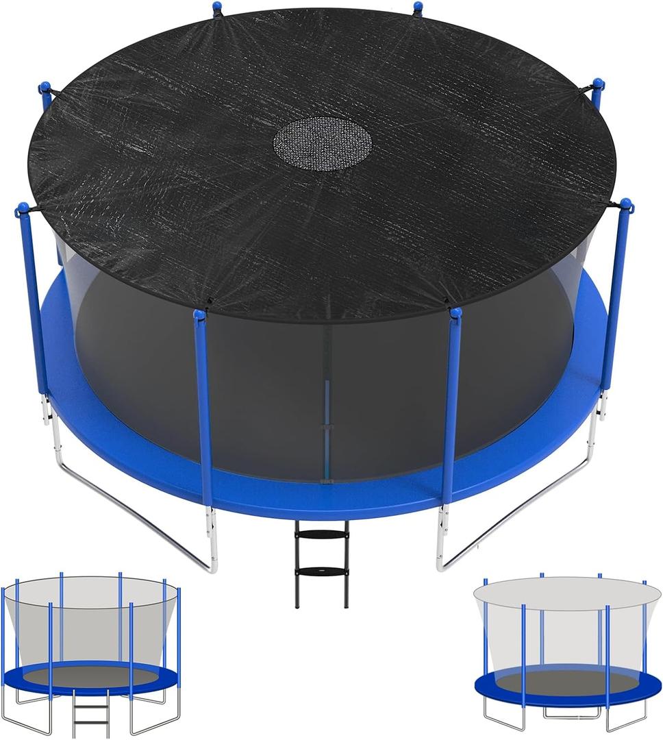 Heavy Duty Trampoline Shade Cover, Universal for 6/8 Poles, 14ft Tear Resistant Trampoline Cover Tarp with Center Net Drainage, Sun Shade Block Leaves for Outdoor Backyard Playground