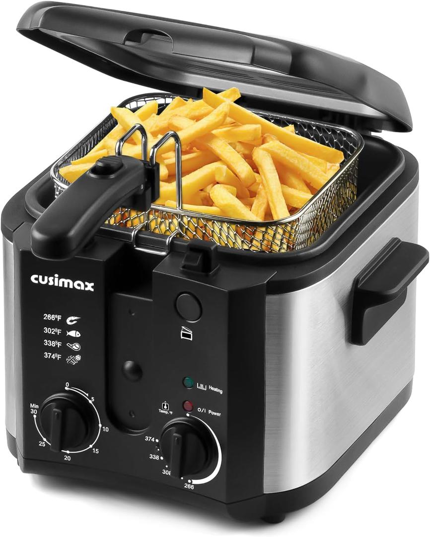 CUSIMAX Electric Deep Fryer for Home Use, 2.5 Liter 1500W Small Deep Fryer with Basket, Adjustable Temperature & Time, Lid with View Window and Odor Free Filter