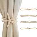 4 Pcs Natural Starfish Curtain Tiebacks, Handmade Woven Rope Curtain-Ties Scandinavian Minimalist Style Curtain Spreader for Outdoor, Hotel, Bedroom Decoration (White Finger Starfish)