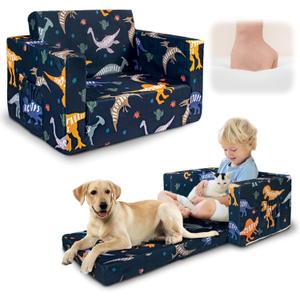 Beavtaens Kids Couch, 2-in-1 Kids Fold Out Couch, Convertible Kid Sofa to Lounger for Girls and Boys, Soft Toddler Chairs Comfy 1-3 Years Old (Dinosaur)