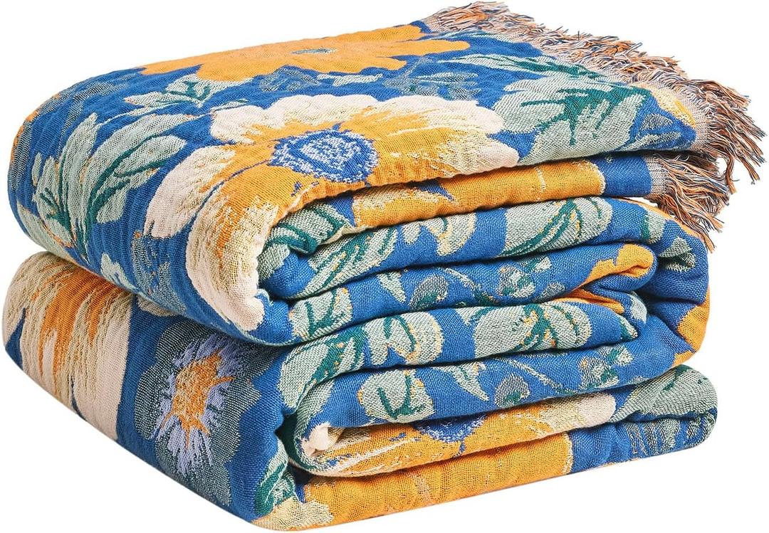 LUTBM Boho Throw Blanket for Couch Sofa Chair Cotton Summer Blankets for Bedroom Living Room All Season Lightweight Reversible Floral Embroidery Throws 50"x60"
