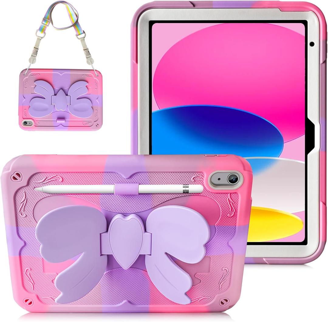 WESADN for iPad A16 Case 11th Generation 2025 11 Inch, for iPad 10th Generation Case 10.9 inch 2022 Girls Kids with Cute Bow Butterfly Wings Stand Shoulder Strap Pencil Holder Protective Cover Purple