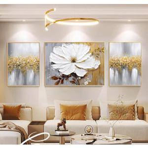Hand-Painted Floral Canvas Oil Painting for Living Room,Framed 3D Gold and White Abstract Wall Art for Bedroom, Large 3 Pieces Flowerl Wall Painting for Office Kitchen Bathroom Home Decor 24x64 inches, 24x32inches x1+16x24inches x2
