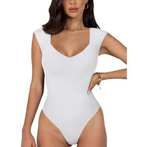 REORIA Butsmooth Women's Trendy Sexy Casual V Neck Double Lined Sleeveless Slimming Going Out Tank Top Bodysuits (White)