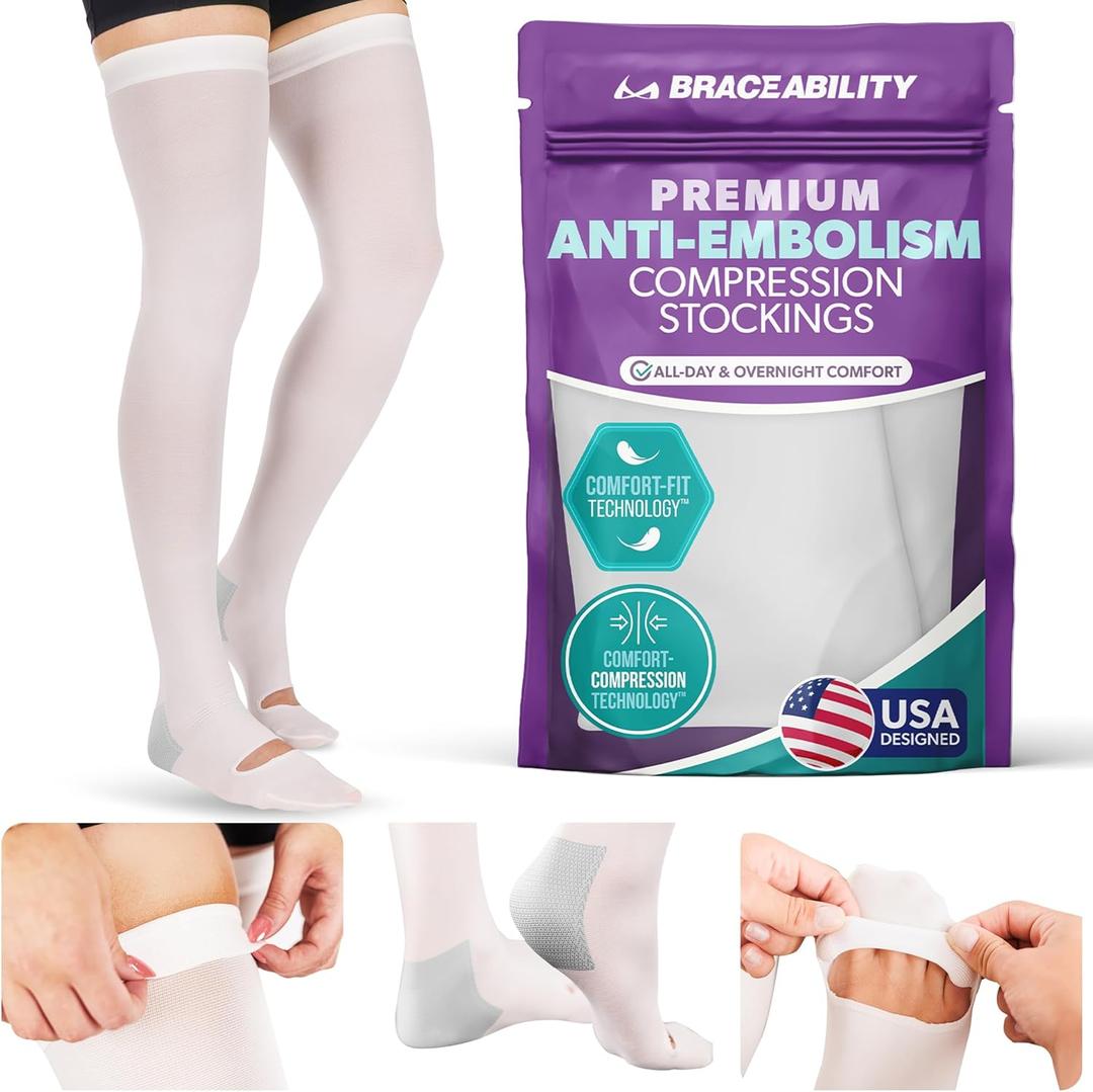 BraceAbility Anti Embolism Compression Stockings - Thigh High Medical TED Hose 15-20 mmHg with Top Toe Inspection Hole for Men, Women, Post Surgery Recovery, Varicose Veins, DVT Prevention (L)