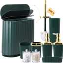Dark Green and Gold Bathroom Accessories Set 9PCS, Bathroom Sets Slim Narrow Trash Can with Press Top Lid, Toilet Brush, Soap Dispenser, Toothbrush Holder Set, Soap Dish, for Bathroom, Kitchen