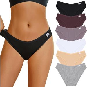 FINETOO Womens Underwear Cotton Bikini Rib Cheeky Panties Sexy V-shaped Waistband Hipster (Small-Medium, Color 1)
